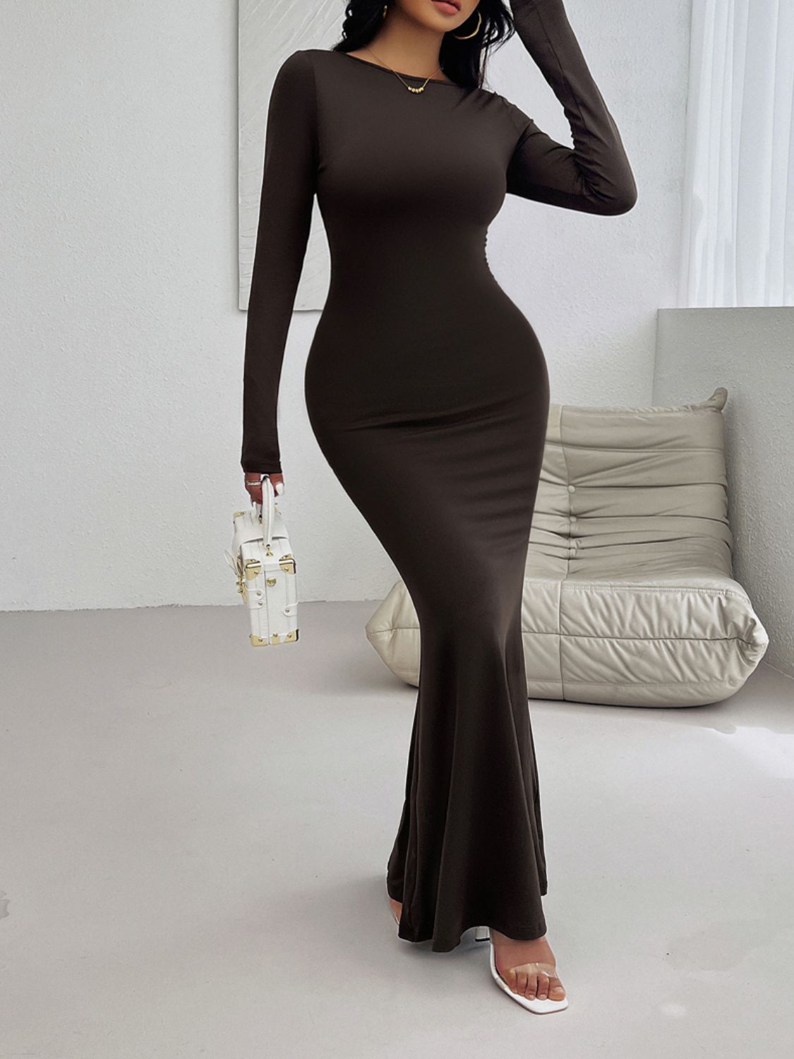 Backless Round Neck Long Sleeve Maxi Dress