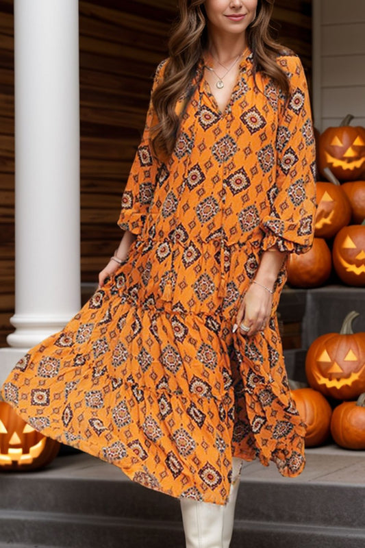 Frill Printed Tie Neck Long Sleeve Dress