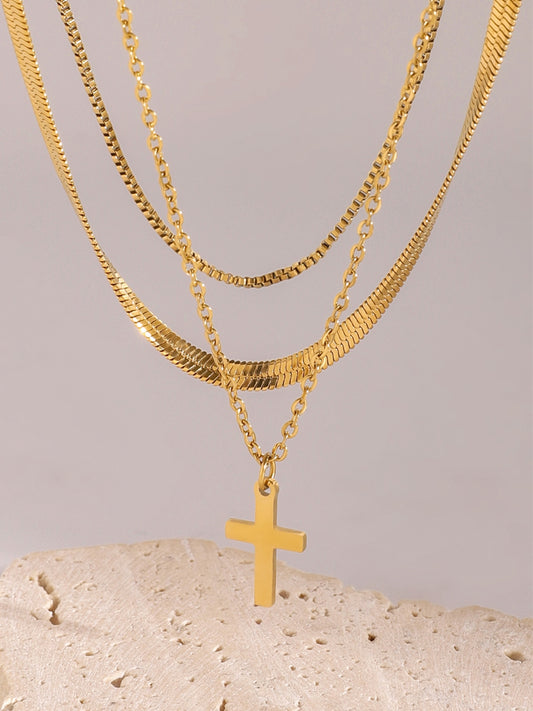 18K Gold-Plated Three-Layered Cross Necklace