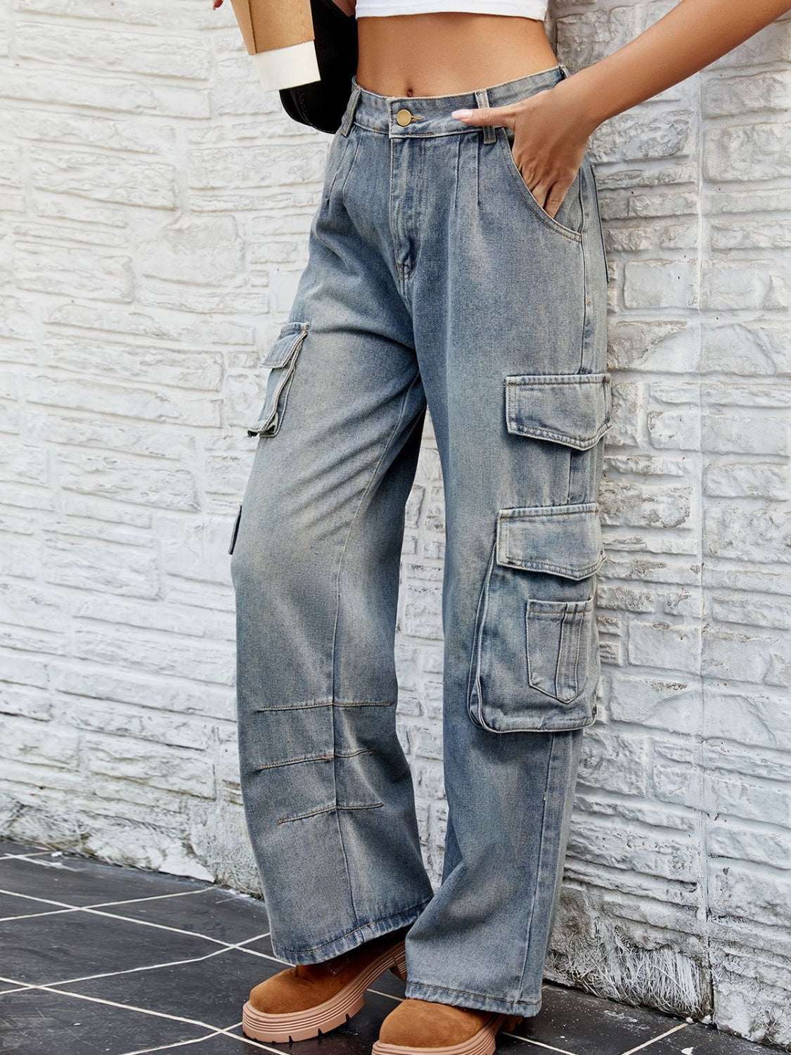 Cargo Washed Jeans with Pockets