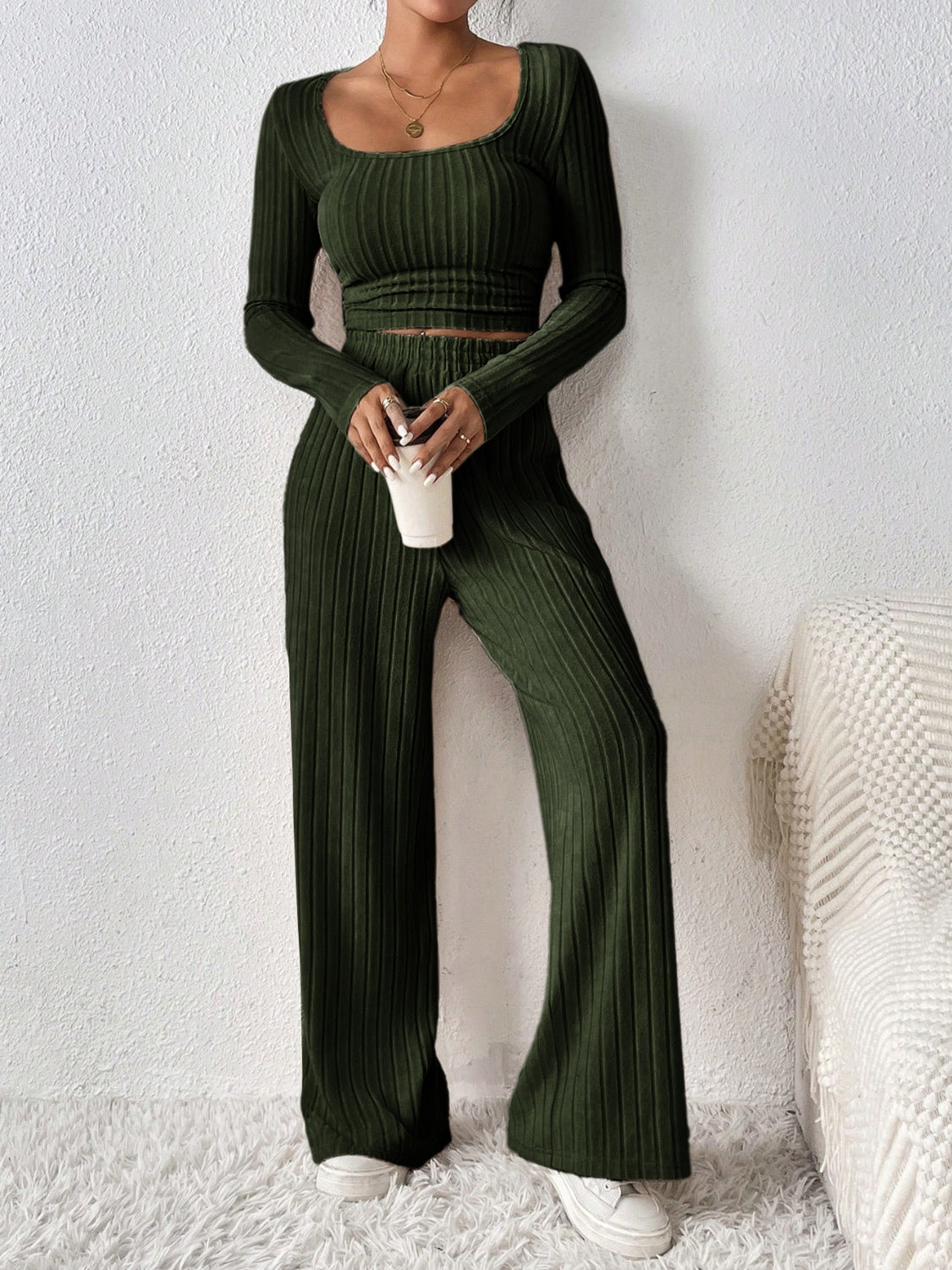 Honey Scoop Neck Long Sleeve Top and Pants Set