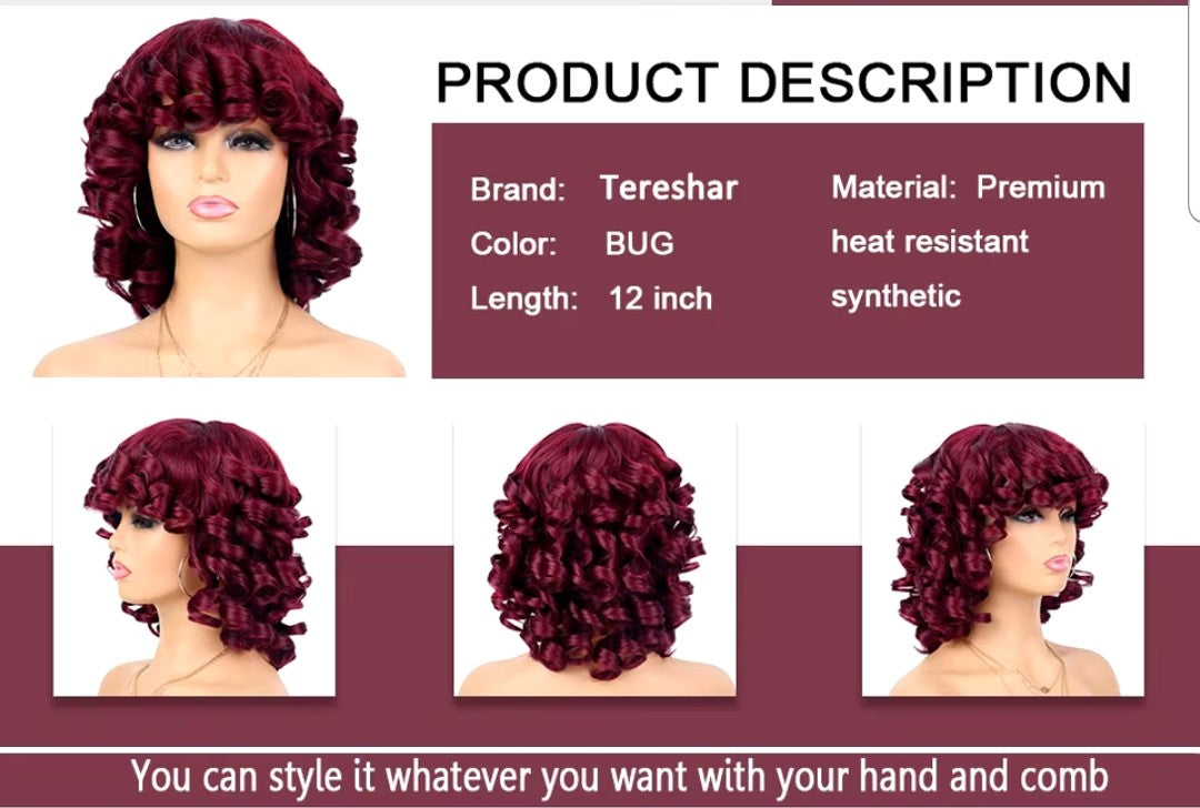 SOFT SHORT CURLY FULL SYNTHETIC WIG (WITH BANGS