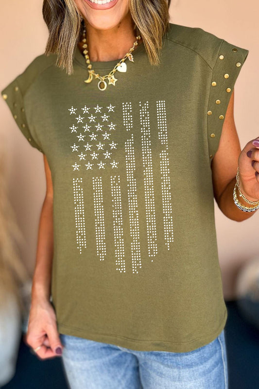 Rhinestone US Flag Round Neck Cap Sleeve T-Shirt