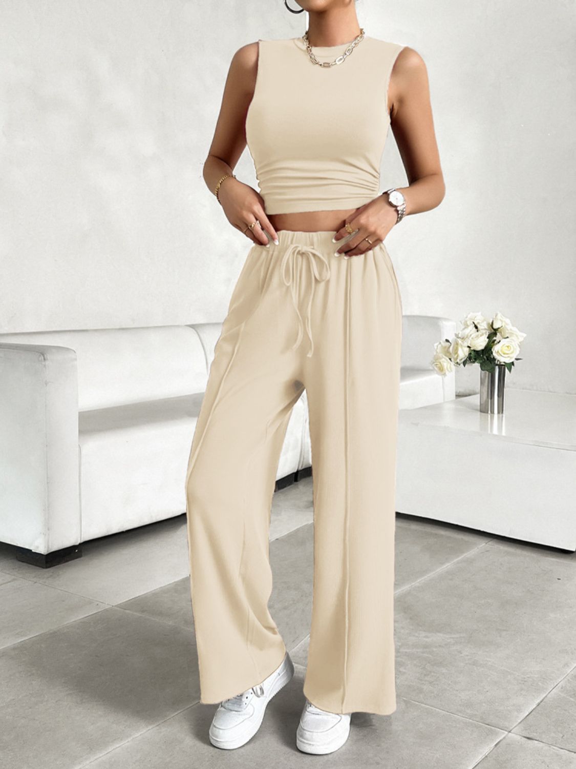 Mock Neck Sleeveless Top and Drawstring Pants Set