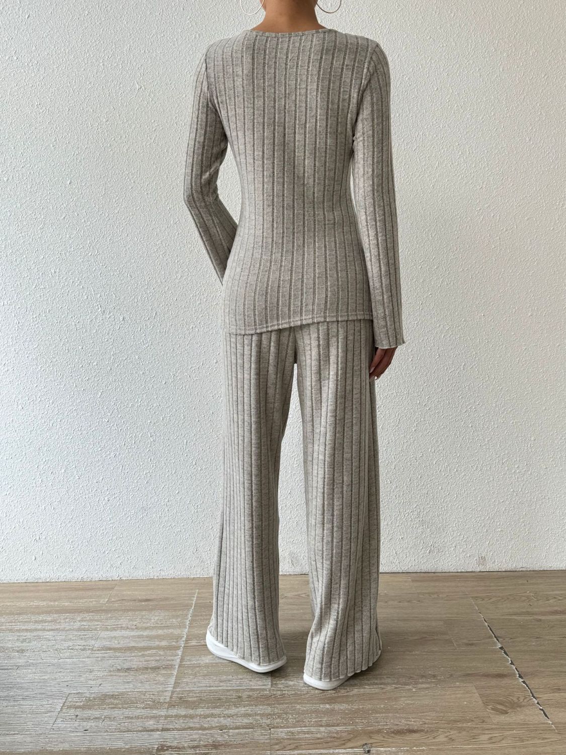 Ribbed V-Neck Long Sleeve Top and Pocketed Pants Set