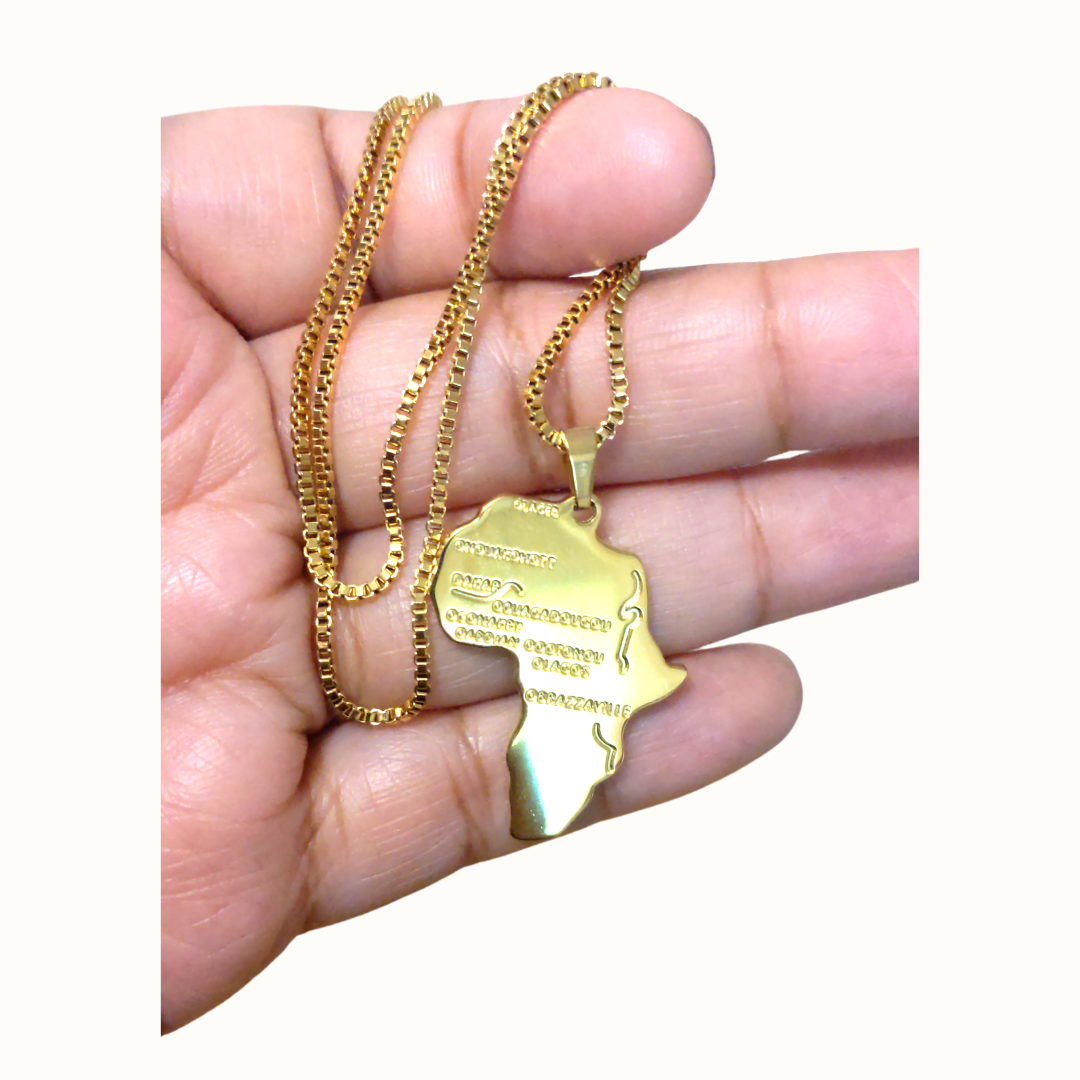 AFRICA MAP 18K GOLD PLATED STAINLESS STEEL PENDANTS CHARM BOX CHAIN FOR WOMEN/MEN