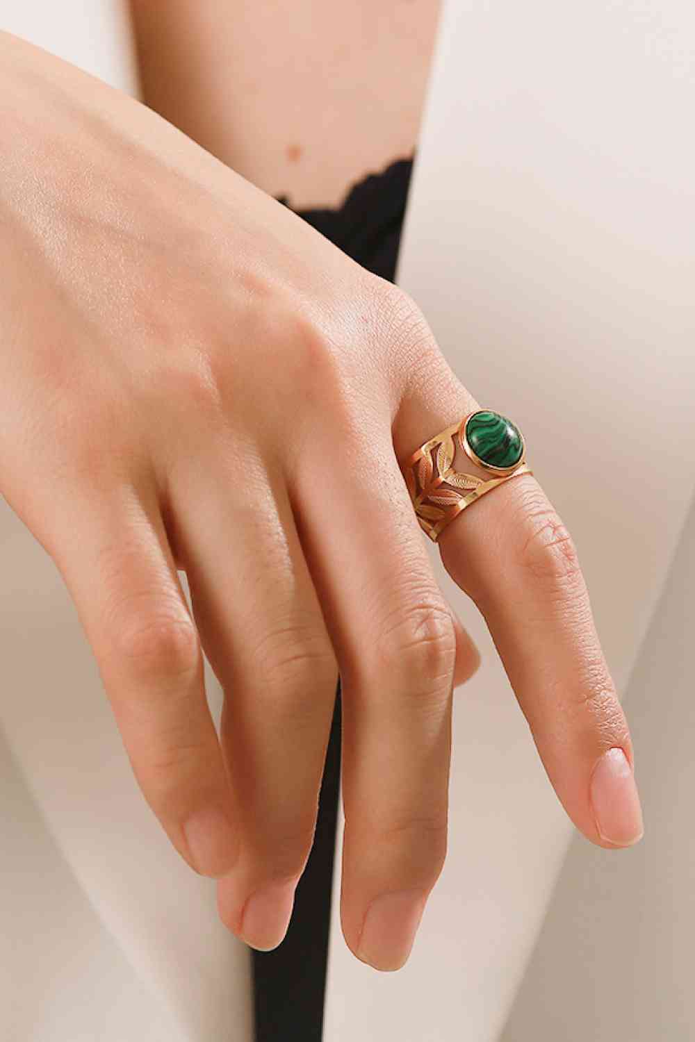 18k Gold Plated Malachite Leaf Ring