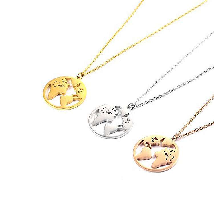 WORLD MAP STAINLESS STEEL CHARM NECKLACE GOLD/SILVER