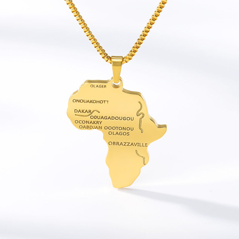 AFRICA MAP 18K GOLD PLATED STAINLESS STEEL PENDANTS CHARM BOX CHAIN FOR WOMEN/MEN