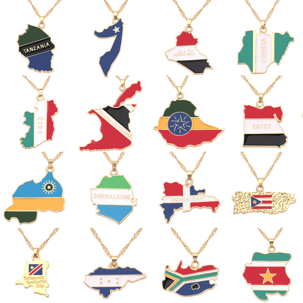 MULTIPLE COUNTRY MAP NECKLACE GOLD PLATED ALLOY NATIONAL FLAG MEN/WOMEN