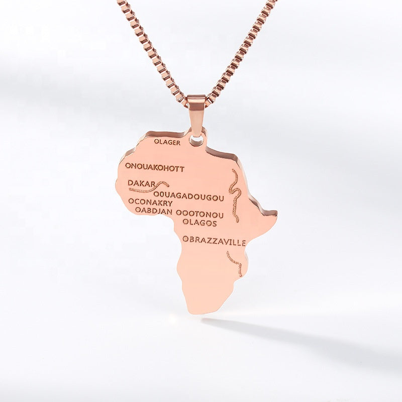 AFRICA MAP 18K GOLD PLATED STAINLESS STEEL PENDANTS CHARM BOX CHAIN FOR WOMEN/MEN