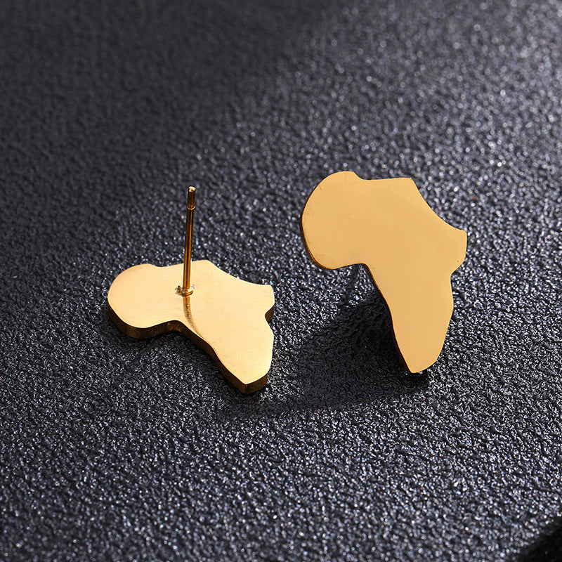 AFRICA MAP 18K GOLD PLATED STAINLESS STEEL MIRROR  STUD EARRINGS