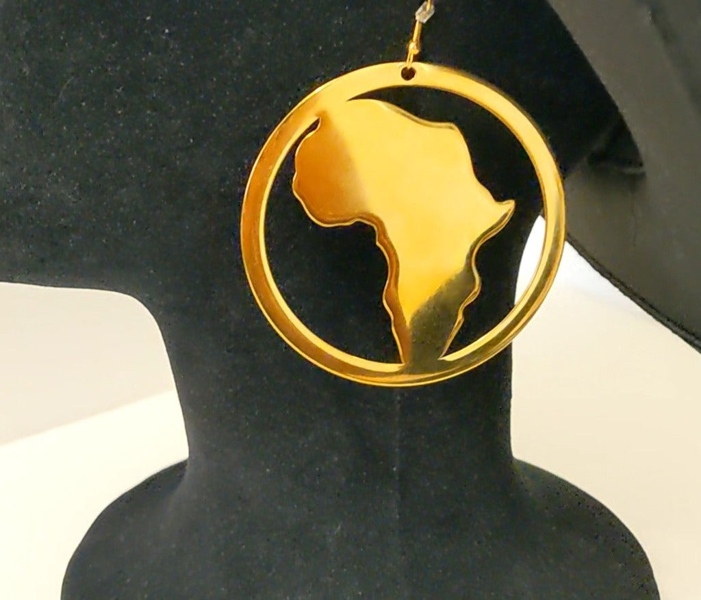Africa Map Shape Large Circle Gold Stainless Steel Dangle Earrings